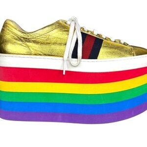 Gucci Metallic Gold Platform Sneakers Rainbow Sole Web Stripe Fashion Sneaker